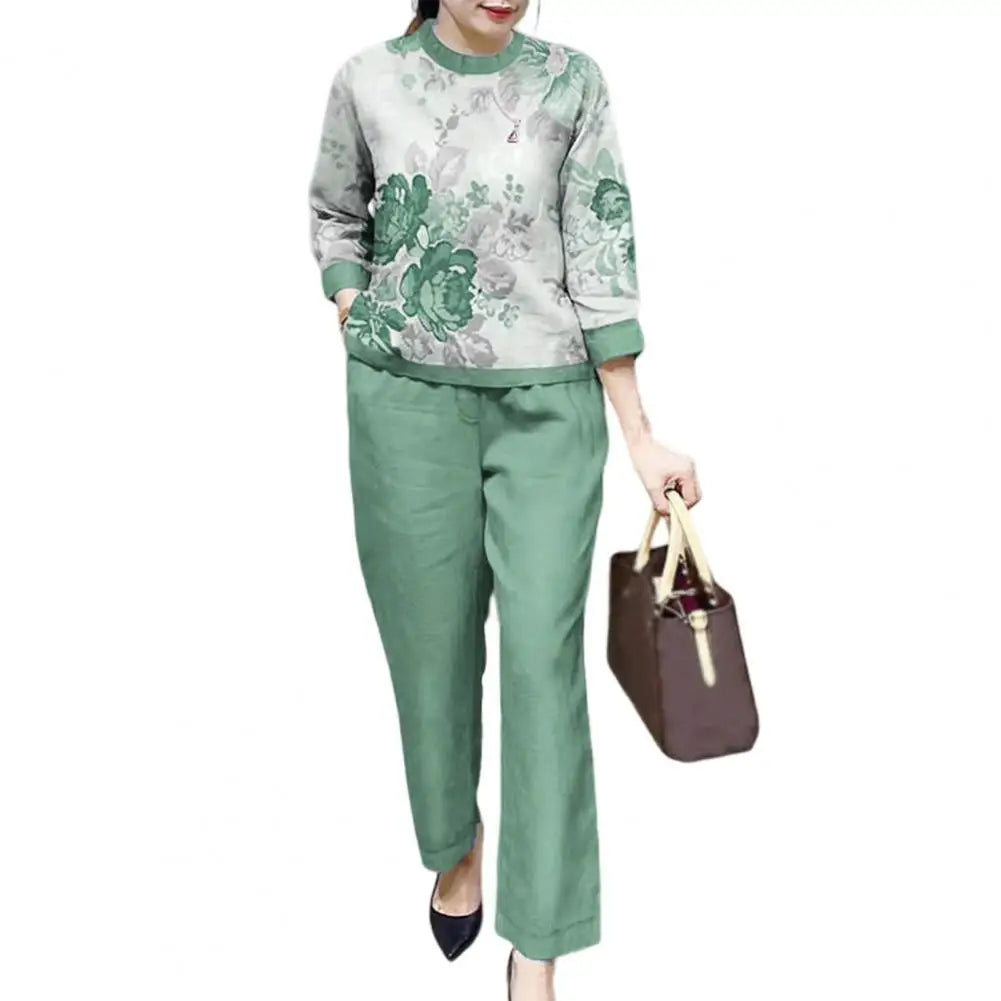 Fashion Women's Loose Print Set – Elegant Cotton Linen O-Neck Long Sleeve Top and Straight Pants Outfit