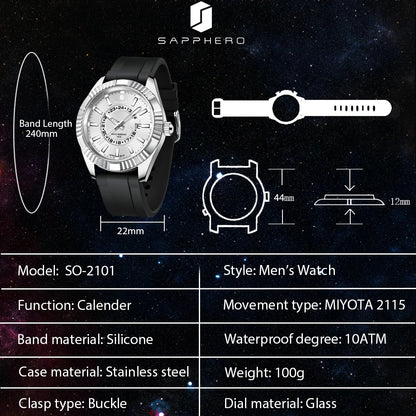 SAPPHERO Men's Watch – Stainless Steel Case, MIYOTA Quartz Movement, Silicone Strap, 100M Waterproof & Luminous