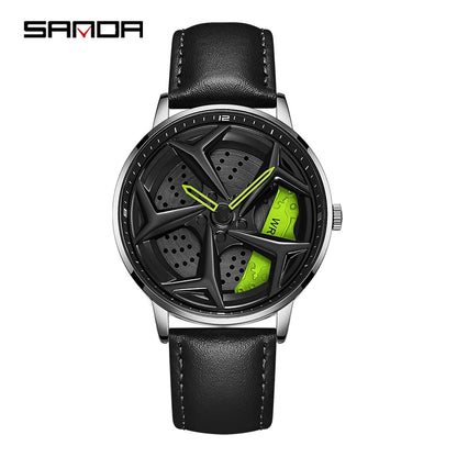 Fashion Men's Luxury Car Wheel Dial Watch – 360° Rotating Sports Quartz, Casual Leather Waterproof Wristwatch