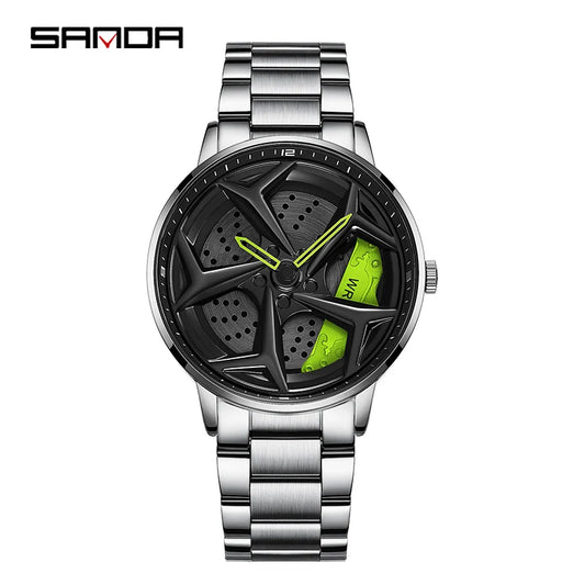 Fashion Men's Luxury Car Wheel Dial Watch – 360° Rotating Sports Quartz, Casual Leather Waterproof Wristwatch