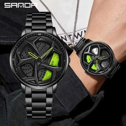 Fashion Men's Luxury Car Wheel Dial Watch – 360° Rotating Sports Quartz, Casual Leather Waterproof Wristwatch