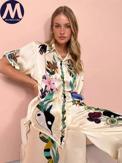 Summer Bohemian 2-Piece Set – Women’s Half Sleeve Printed Shirt and Loose Wide-Leg Pants