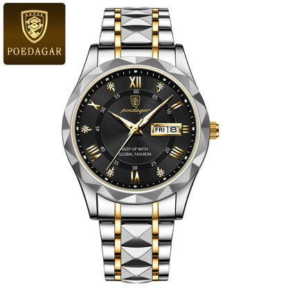 POEDAGAR Luxury Men's Waterproof Wristwatch – Luminous Stainless Steel Quartz Watch with Date & Day Display