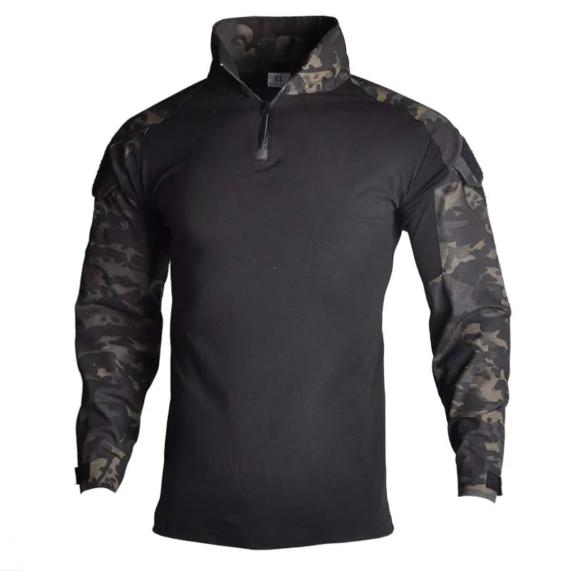 Men's Outdoor Tactical Combat Shirt – Wear-Resistant Camo Ripstop Cotton, 1/4 Zipper Long Sleeve Airsoft T-Shirt