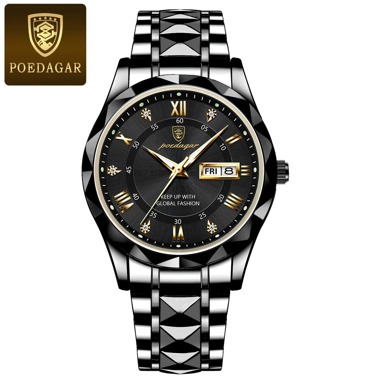 POEDAGAR Luxury Men's Waterproof Wristwatch – Luminous Stainless Steel Quartz Watch with Date & Day Display