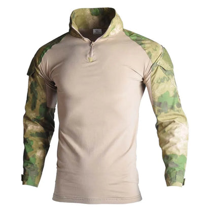 Men's Outdoor Tactical Combat Shirt – Wear-Resistant Camo Ripstop Cotton, 1/4 Zipper Long Sleeve Airsoft T-Shirt