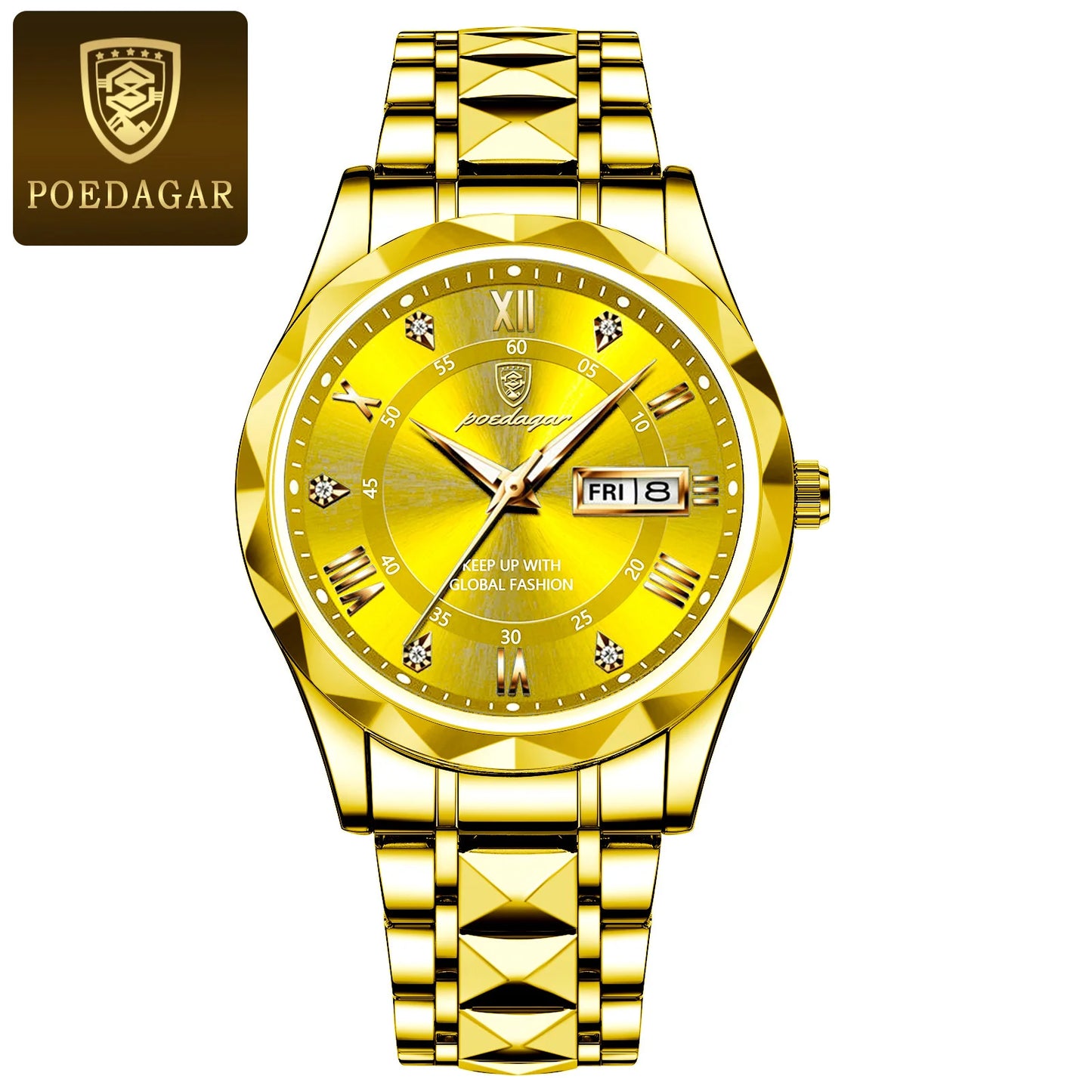 POEDAGAR Luxury Men's Waterproof Wristwatch – Luminous Stainless Steel Quartz Watch with Date & Day Display